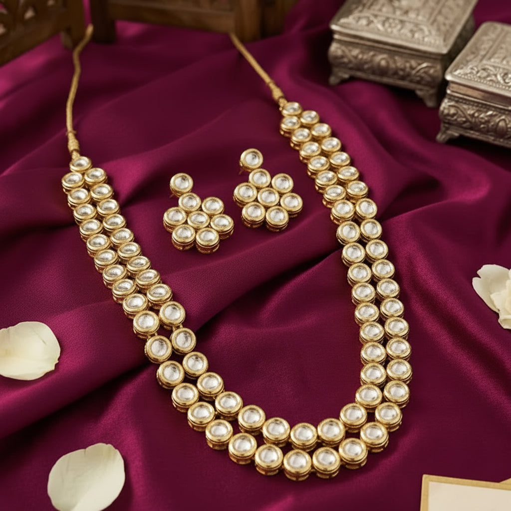 traditional gold-tone double-layer Kundan necklace set with white mirror-like stones and matching floral stud earrings, displayed on burgundy satin fabric by Evah Jewels.