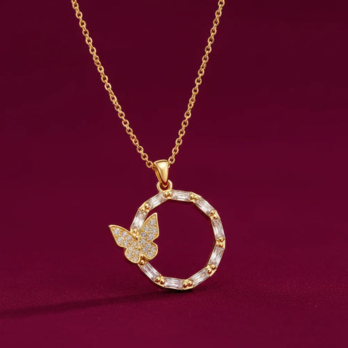 EVAH JEWELS Gold Tone Butterfly Ring Pendant Necklace for Women featuring a Sparkling White Stone Circular Pendant and Delicate Chain, Elegant Fashion Jewellery.