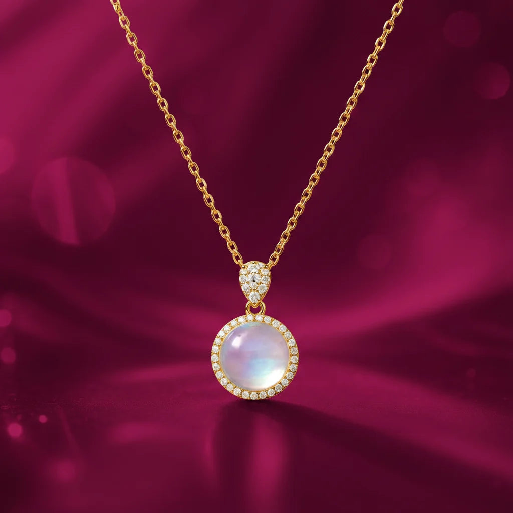 Elegant gold-plated moonstone halo pendant necklace by EVAH JEWELS, featuring a round iridescent moonstone-style centerpiece surrounded by sparkling CZ stones, a delicate gold chain and a luxurious pink background. Stylish fashion jewellery for women, perfect for everyday wear, parties and gifting.