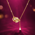 EVAH JEWELS elegant gold-plated rose lariat necklace featuring a sparkling crystal-studded floral pendant, delicate leaf design and dangling teardrop stone, stylish anti-tarnish fashion jewellery for women.