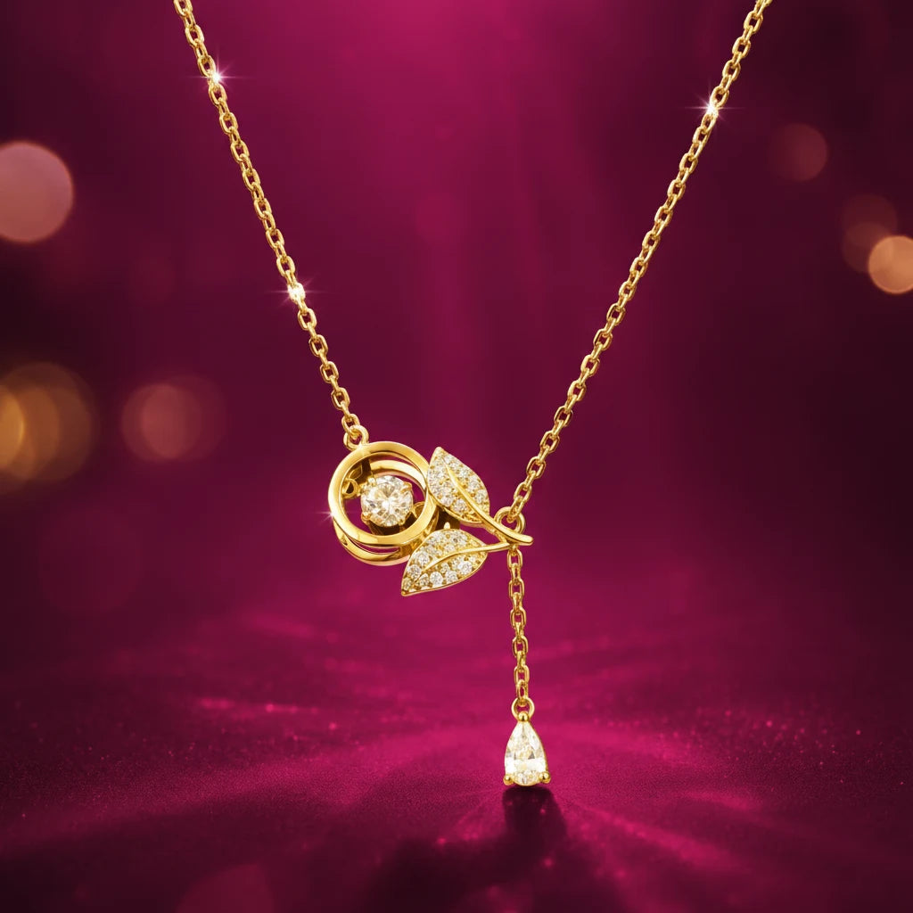 EVAH JEWELS elegant gold-plated rose lariat necklace featuring a sparkling crystal-studded floral pendant, delicate leaf design and dangling teardrop stone, stylish anti-tarnish fashion jewellery for women.