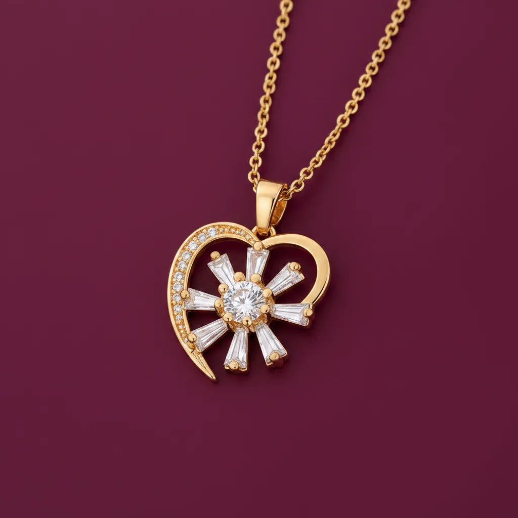 EVAH JEWELS gold plated sunburst heart pendant necklace for women featuring a sparkling white stone floral design, elegant heart-shaped frame and delicate gold-tone chain.