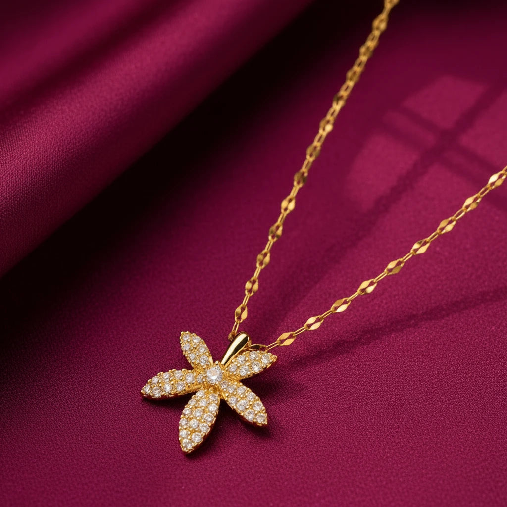 Floral gold-tone artificial pendant necklace with sparkling stones by Evah Jewels