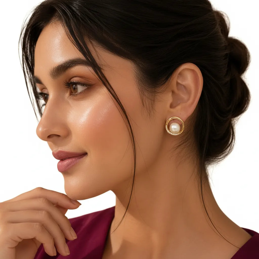 Woman wearing EVAH JEWELS elegant gold-tone circular pearl stud earrings with luminous white pearl centres and sparkling crystal accents, styled with a burgundy outfit against a white background.