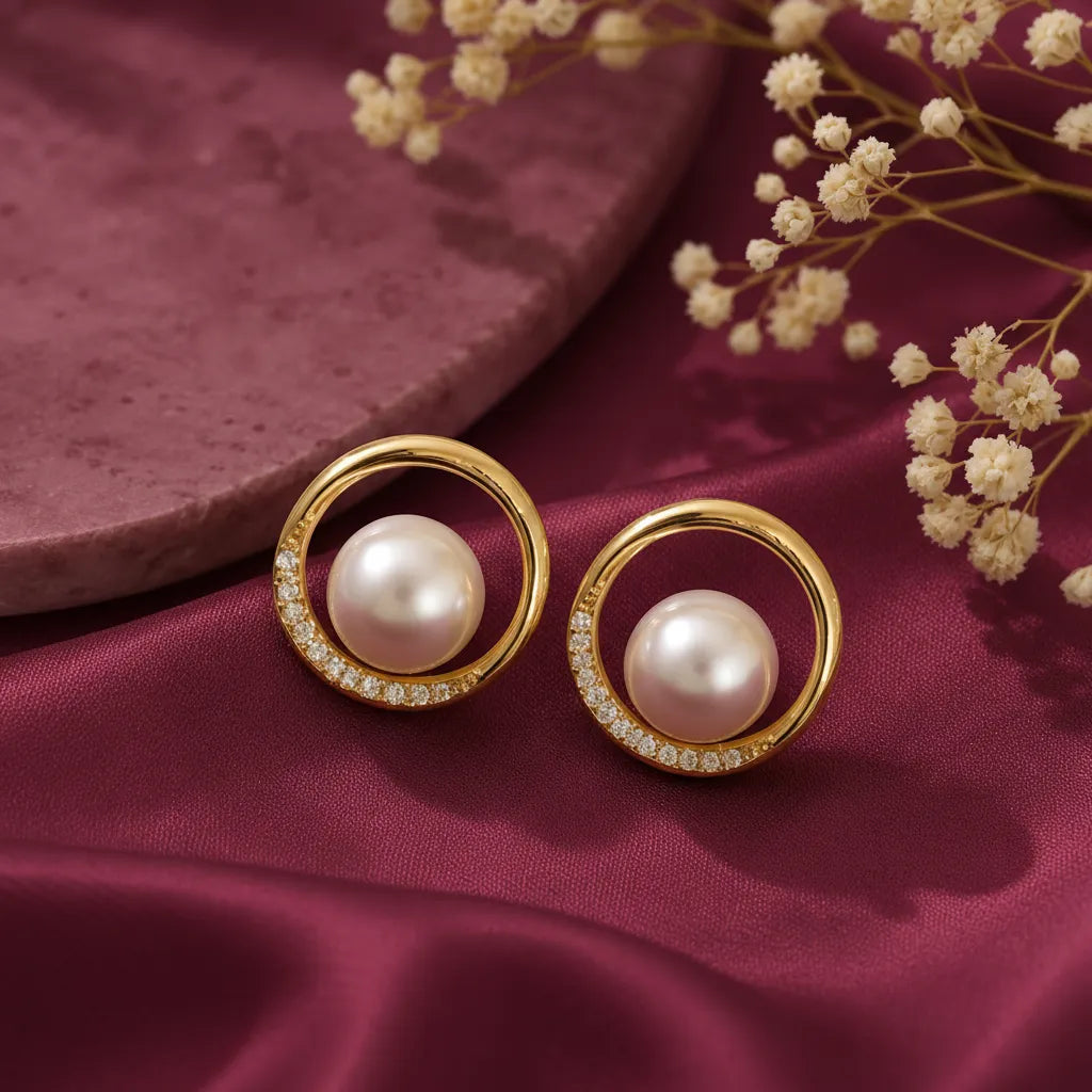 gold-tone circular pearl stud earrings for women featuring luminous white pearl centres, sparkling crystal-studded crescent accents and elegant open-circle geometric designs, displayed on luxurious burgundy satin with delicate flowers by Evah Jewels.