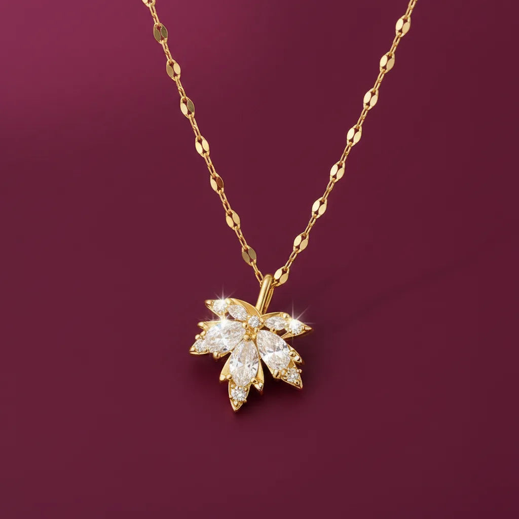 Gold Plated Maple Leaf Pendant Necklace for Women, Elegant Floral Leaf Design with Sparkling White Stones, Stylish Fashion Jewellery for Girls, Party Wear, Daily Wear and Gifting by Evah Jewels.