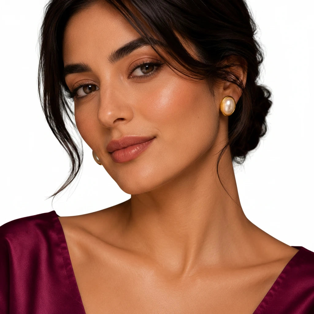 gold-plated oval pearl stud earrings for women featuring lustrous white pearl Elegant woman wearing EVAH JEWELS gold-tone oval pearl stud earrings featuring lustrous white pearl centres, polished gold borders and a timeless minimalist design, beautifully styled with a burgundy satin dress.