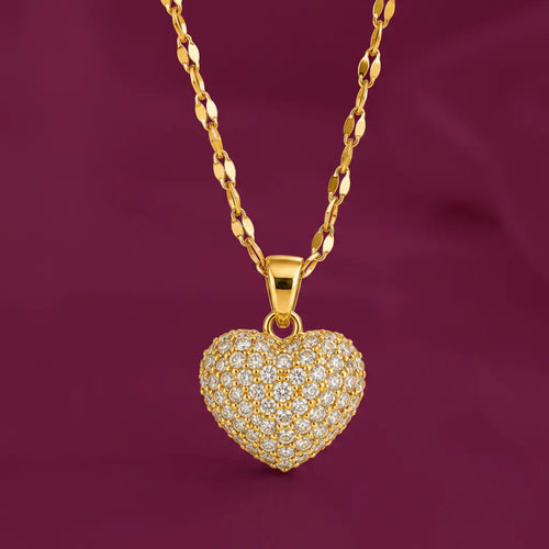 Gold-tone imitation jewellery necklace with a heart-shaped pendant covered in sparkling stones by Evah Jewels