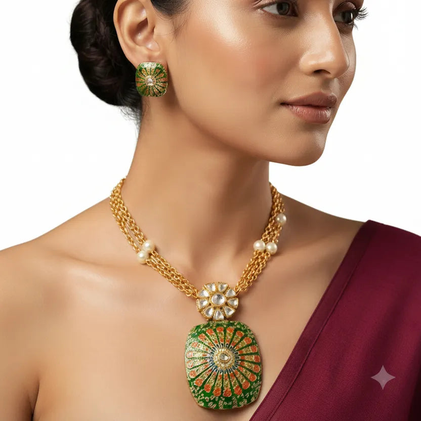 EVAH JEWELS green Meenakari pendant necklace set worn by a woman, featuring a gold-tone layered chain, pearl accents, floral Kundan-style detailing and matching green stud earrings.