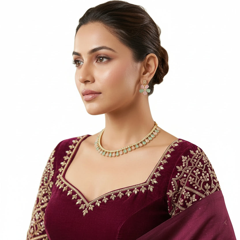 Woman wearing EVAH JEWELS gold-tone pastel pink and mint green teardrop stone necklace set with matching floral earrings and an embroidered burgundy ethnic outfit.